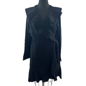 Fenn Wright Manson Black Wrap Cardigan Sweater Wool Knit Ruffle Duster Size 2X